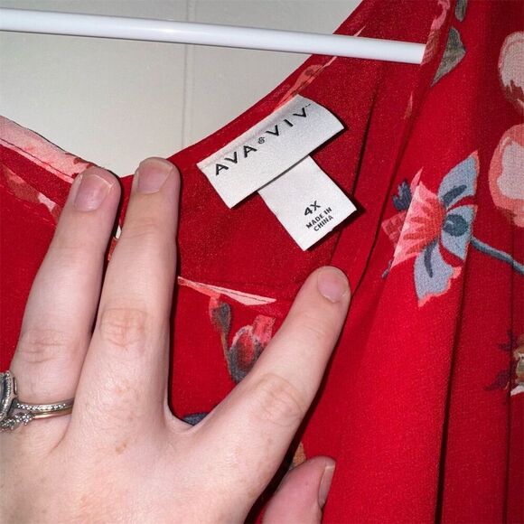 Ava & Viv Plus 4X Red Floral Midi Dress Long Sleeve V-Neck Casual - Picture 4 of 7